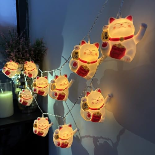 Riaxuebiy Lucky Cat Fairy Lights 1.65m Length 10 LEDs Waving Arm Cat String Lights Warm White Battery Operated Bedroom Children Room Decor Chinese Cat Chain of Lights (Warm White)