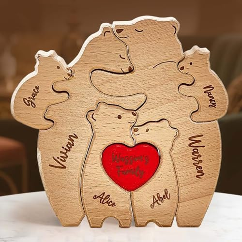 Personalisiertes Puzzle mit Namen, Bärenfamilie Holzpuzzle Skulptur, Familienpuzzle mit 2–6 Bären Figuren & Rotes Herz, Personalisierte Geschenke für Familie, Mama und Papa zum Muttertag Geburtstag
