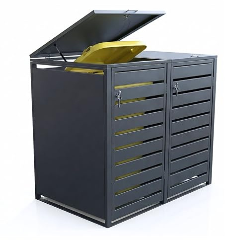 Graviers Doppel-Mülltonnenbox für 240L Tonnen | 2er Set in modernem Anthrazit | Wetterfeste, robuste Stahlbox mit Automatikdeckel