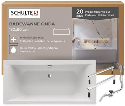 Schulte Badewanne Onda 190x90 cm, Set inkl. Fußgestell und Ablauf, aus hochwertigem Acryl in Weiß glänzend