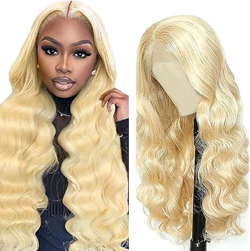 AiPliantfis Echthaar Perücke Damen Glueless Human Hair Wig Body Wave Natürliche Brasilianischemit Babyhaar #613 Blonde 4x1 Lace Natural Hairline with Baby Hair Minimal Smell 34 Zoll