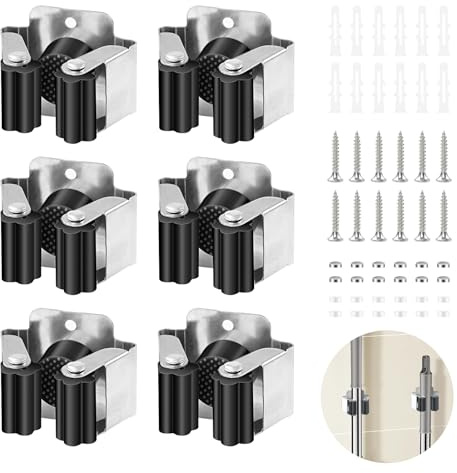 WEDAMOO 6 Pcs Broom Holder Wall Mounted, Mop Wall Mounted Clips, Silver | Stainless Steel Mop Broom Holder, with Installation Screws, Improve Space Utilization, for Kitchen, Garden, Garage, Basement