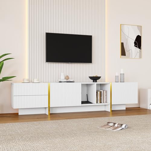 Merax TV-Schrank, Fernsehtisch mit 2 Türen, 2 Schubladen, 2 offene Fächer, TV-Regal für Fernseher bis zu 80 Zoll, Moderner TV Board Lowboard für Wohnzimmer, Esszimmer, Schlafzimmer, Weiß, 190cm