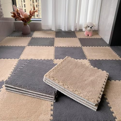 SSDDLZEQ Ineinandergreifender Teppich 30 weiche Plüschschaum-Fußmatten, ineinandergreifende Puzzle-Teppiche for Fitnessstudios, Kindergärten und Spielzimmer Dekoration(Gray+Apricot)