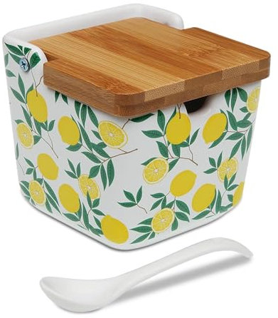 TIENDA EURASIA - Salero y Azucarero de Cocina Lemons | Material Dolomita | Tapa Abatible de Bambú | Medidas 12x12x11 cm y 9x9x8.5 cm | Salero | Azucarero (Azucarero Lemons)