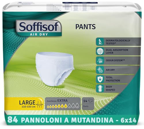 Soffisof Air Dry Pants Extra L - 84x Pannoloni per Anziani a Mutandina - 6 Confezioni da 14 Mutande Assorbenti per Incontinenza Donna e Uomo - Pants Adulti 7 Gocce - Large (110-150 cm)