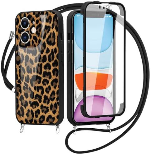 Saqmkil 360 Degré Coque pour iPhone 11 6,1'' avec Cordon avec Transparent Protection d'écran Intégré, Aesthetic Motif Etui avec Réglable Collier, Portable Lanyard Full Body Housse Cover, Léopard 01
