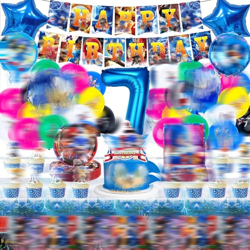 7th Birthday Party Decorations, 70PCS Hedgehog Party Supplies Happy Birthday Banner 18 Latex Balloons 6 Foil Balloons Plates Napkins Cupcake Toppers Tablecloths Kids Cartoon Theme Boys