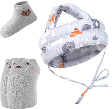 Culinavog Baby Safety Helmet Set -Head Protector with Anti-Slip Knee Pads & Grip Socks for Infant,Adjustable Safety Helmet for Toddlers Learning to Crawl & Walk Grey