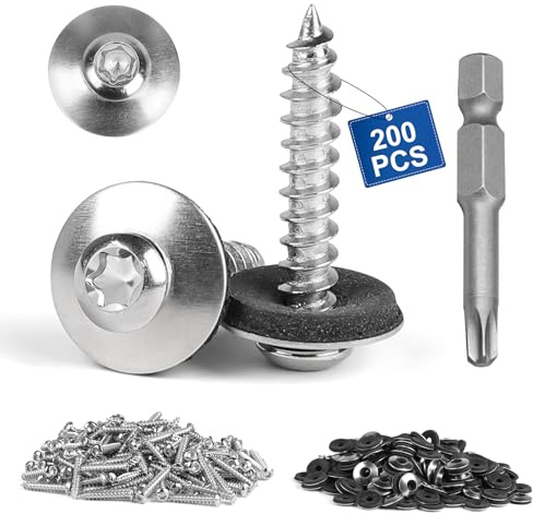 MIGUBIGU 200 pcs Tornillos Spengler de Acero Inoxidable 4,5 x 25 mm con Arandela Sellado EPDM y Puntas Torx T20, Tornillos para Madera, Metal, Plástico