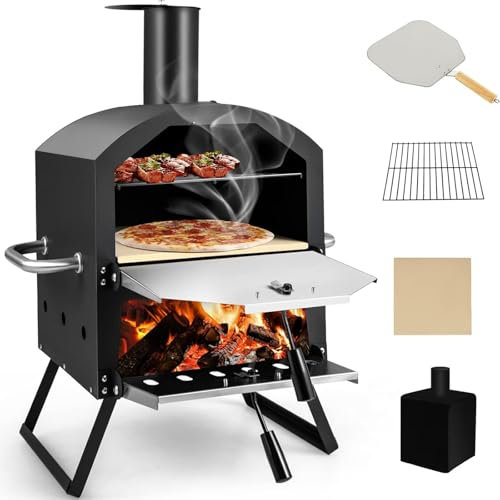 Forno per pizza da esterno, macchina per pizza a legna con copertura impermeabile, include griglia di cottura e pietra per pizza, ideale per barbecue da giardino, patio, perfetto per carne, pesce e