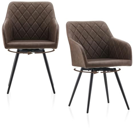 TUKAILAI Esszimmerstühle 2er Set，360° Esszimmerstühle Drehbar mit Rückenlehne, Bequemer Armlehnen Kunstleder Küchenstuhl ，Stühle und Sessel, geeignet für Esszimmer und Wohnzimmer，Braun