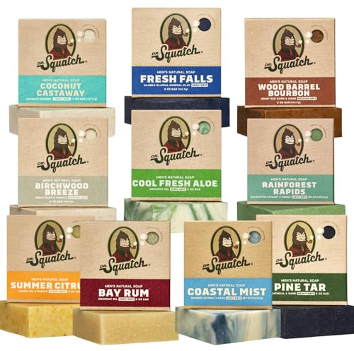 Dr. Squatch Jabón natural para hombres, set de regalo – Jabón sólido elaborado en frío con aceites naturales – Regalos para hombres – Coastal Mist, Rainforest Rapids, Wood Barrel Bourbon (142 g, pack