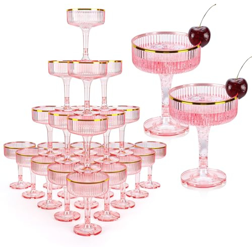 30 Pack Clear Champagne Tower 5 Oz Champagne Flutes Plastic Champagne Coupe Glasses With Gold Rim Disposable Martini Glasses Stackable Stemmed Coupe Glass for Weddings Birthday Party (48, Pink)
