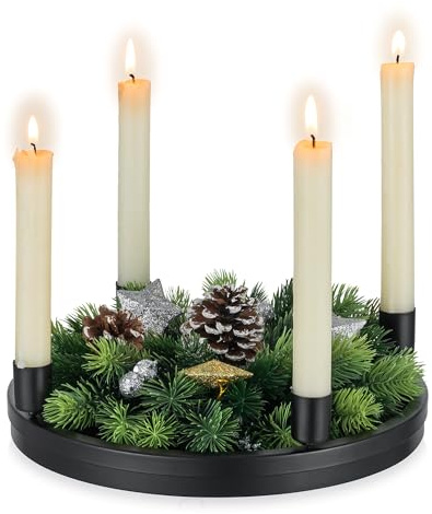 Hanobe Advent Wreath Wooden Advent Candle Holder: Advent Candle Holder Modern Advent Arrangement Decoration for Advent Candles Round Candle Tray Black with Metal Candle Holder Advent Arrangement