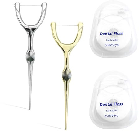 DKJEkdje 2 Set Stainless Steel Dental Floss Set with Replaceable Picks, Toothpick Holder & 1969inch Roll - Portable Oral Care Kit in PVC Case