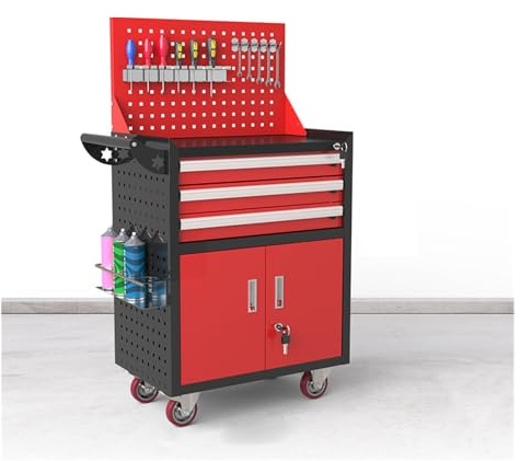 Coffret à outils Coffre à outils roulant avec roulettes, armoire de rangement d'outils 5 tiroirs, grande boîte en métal serrure, chariot sur(Red)