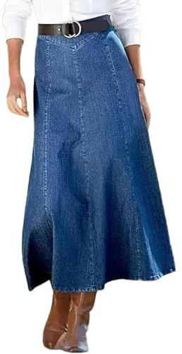 yoeasy Women's Vintage Denim Maxi Skirt Casual High Waist Flowy Swing A-Line Long Jean Skirt (Large, Blue)