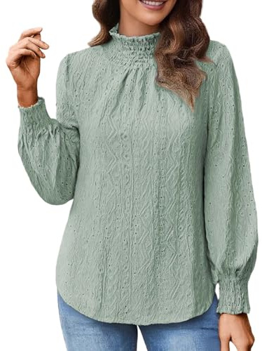 Generisch Blusa de manga larga para mujer con cuello alto y bordado con agujeros. Elegante blusa con mangas de globo. Parte superior romántica de estilo victoriano, Style_o04 Verde, M