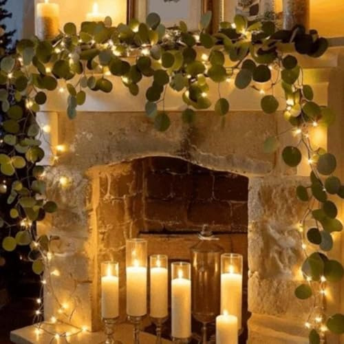 Ivy Fairy Lights,2M Artificial Eucalyptus Garland LED Light String,Fairy Light Olive Vine with 20 LED for Christmas Garland for Fireplace, Table, Mantle, Wall, Indoor, Outdoor (2Pcs)