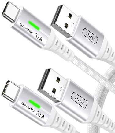 INIU USB C Charger Cable, 1m+1m White USB A to USB C Cable Fast Charging | Nylon Braided, High Speed Charging, LED Indicator, Type C Data Transfer, for iPhone 17 16, Samsung S26 S25, Xiaomi, iPad etc