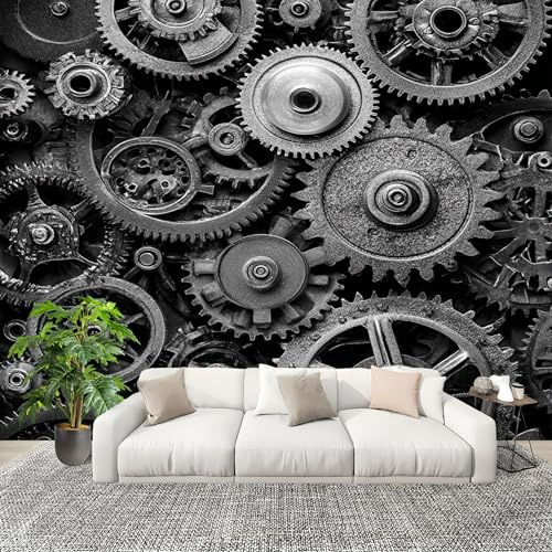 Casa Decorazione Interna Fotomurale Ingranaggi Metallici Retrò - Carta da Parati Tessuto Non Tessuto - Grigio Carta da Parati Poster 3D Camera dei Bambini Decorazione 250x175 cm