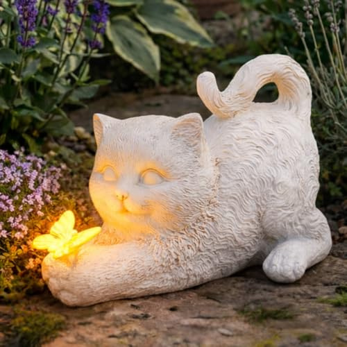 Festive Lights 20cm Gedenkstein mit solarbetriebener LED Beleuchtung Katze mit Schmetterling Grabdekoration Wetterfest Grabstein Katze Grablicht Solar Gedenkstein Erinnerung (Katze mit Schmetterling)