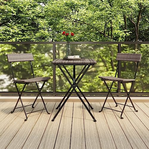 Hoopleep 3-TLG. Bistro-Set Klappbar Grau, Poly Rattan, Outdoor Esszimmer Möbel für Terrasse & Balkon, Platzsparend & Robust