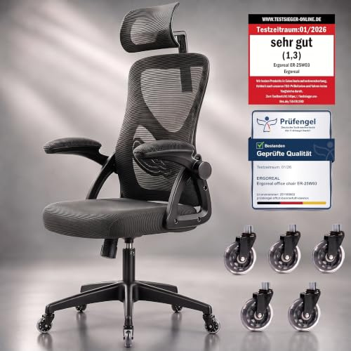 Ergoreal Ergonomischer Mesh‑Bürostuhl für Home Office, mit Verstellbarer Lendenstütze & 2D‑Kopfstütze, klappbare Armlehnen, leise PU‑Rollen, stabile Gasfeder Klasse 3, bis 150 kg(Tiefe Schwarz)