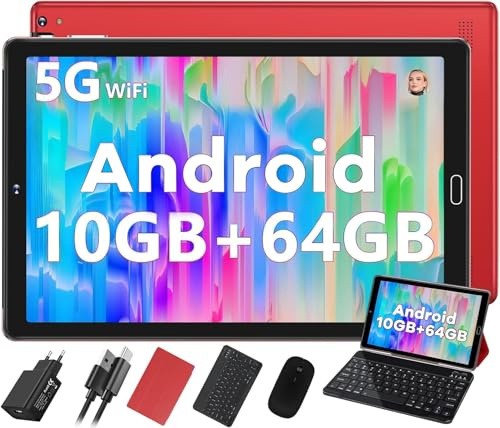 SUAAT 2026 - Tablet Android Octa Core de 10 pulgadas con 64 ROM +2 TB TF | 5G + 2.4G WiFi | FHD | GMS | Bluetooth 5.0 | 8MP + 5MP | tipo C, tableta táctil con funda, teclado y ratón -rojo