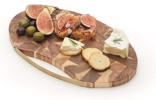 Artesa End Grain Oval-Shaped Wooden Cheese Board/Serving Platter with Brass-Effect Handle, 32 x 20.5 cm