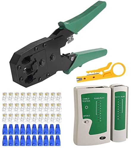 RJ45 Crimp Tool Kit with Cable Tester, Cat5e Cat6 Cat7 RJ11 Crimping Tool, Wire Stripper Cutter, Includes 100 Connector Ends and 100 Crimp Boots for LAN, ADSL and DSL Network Cable Installation