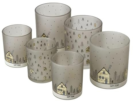 6 STK Windlichter Glas Häuser Homewood Winterdeko Weihnachtsdeko b248 Haus Happy Home Teelichthalter Kerzenhalter Weihnachtswichtel braun grau matt Winter H10cm und 8cm