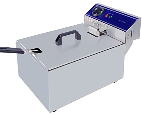 MOOTACO Friteuse électrique Professionnelle Inox unique réservoir 6L Huile, 3000W, 1 Paniers à Friture avec Poignée en Caoutchouc