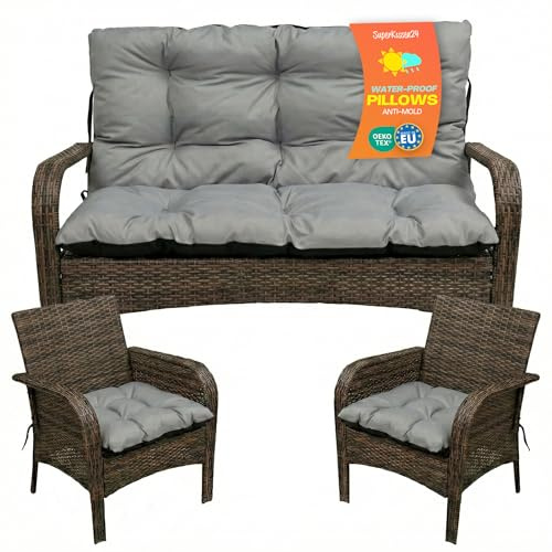 SuperKissen24. Sitzkissen Bankkissen Bankauflage - 180x50 cm und Rückenlehne 180x60 cm mit 2er 45x45 cm Stuhlkissen Set - Outdoor und Indoor - Grau