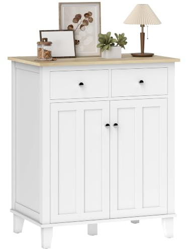 HOMCOM Küchenschrank, Kommode, Aufbewahrungsschrank für Schlafzimmer, Wohnzimmer, Büro, mit 2 Türen, 2 Schubladen, 76 x 48 x 91 cm, Weiß und Holzoptik