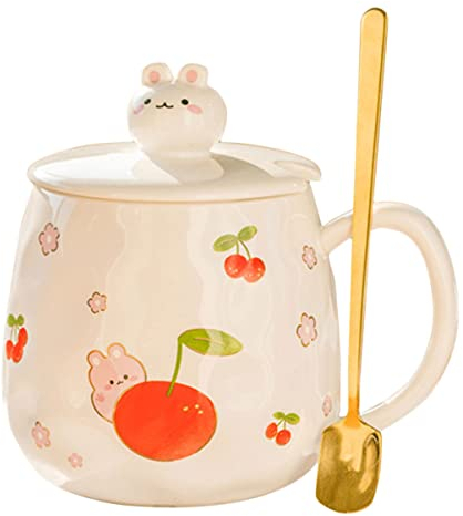 STOBAZA Tasse à Café en Céramique avec Couvercle et Cuillère Tasse à Eau Domestique Gobelet à Poignée Adaptée à L'Eau Jus Thé Lait Usage Quotidien