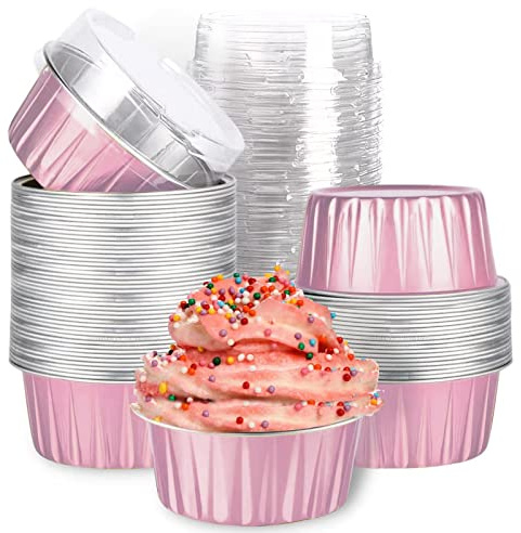 Mini Aluminum Foil Cupcake Baking Cups with Lids (40pcs, 5oz) Round Cupcake Foil Liners Tart Pie Tin Pan Holder - Disposable Mini Cake Containers Flan Molds for Pudding, Souffle, Party, Wedding