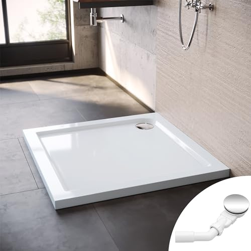 SONNI 90 x 90 x 4 cm kvadratisk form duschkar – halkfri duschbricka av ABS akrylpanel, med platt design, inklusive avloppsbeslag
