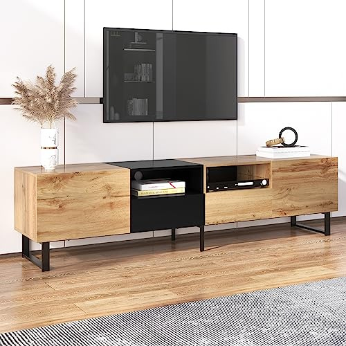 ZUUYEE TV-Schrank Lowboard mit 2 Türen und 2 Schubladen, Holzmaserung TV-Schrank, Geräumiger Stauraum Fernsehtisch für Wohnzimmer, Esszimmer, Schlafzimmer, 190 cm