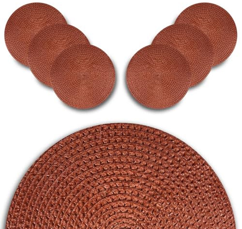 ARCA, Set di 6 Tovagliette Tonde Effetto Corda, per 6 Persone, Ideali per la Tavola, Realizzate in Poliestere, Resistenti e Durature, Colore Arancione, Diametro 38 cm