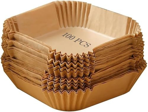 MYAYD 100Pcs Airfryer Baking Paper, Baking Paper for Hot Air Fryer, Square Air Fryer Paper, Waterproof, Oil-Proof, Non-Stick for Frying Pan, Oven, Microwave (16 cm/6.3 inches)