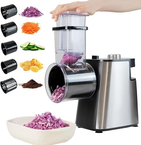 BINSKJ Electric Cheese Grater Salad Maker, 250W Cheese Shredder Large Diameter, 5 Different Shapes Of Stainless Steel Blades, One-Touch Easy Control, BPA-Free,for Block Cheese, Cabbage,Fruits,Carrots
