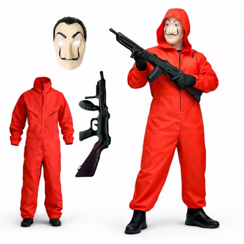 FASCHINFEVER Set di costumi da casa del denaro, set 3 in 1, con maschera Dali, tuta rossa unisex, fucile gonfiabile, per Halloween, carnevale come travestimento per uomo e donna
