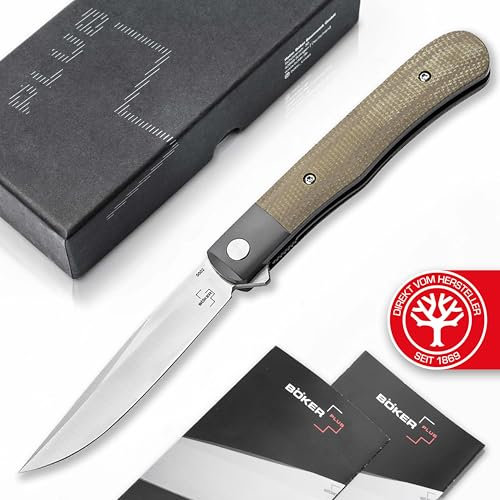 BÖKER PLUS® Modern Trapper Uno - klappbares Gentleman Taschenmesser mit Clip & Nitro-V Klinge - Flipper Einhand Messer mit Kugellager & Micarta-Griff grau - Droppoint EDC Klappmesser in Geschenk-Box