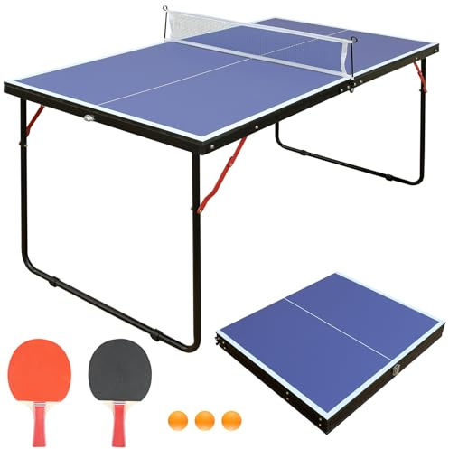Ping Pong Table, 4.5ft Small Folding & Portable Table Tennis Table with 2 Paddles, 3 Balls & Net for Outdoor/Indoor Table Tennis Games Teens Adults & Family