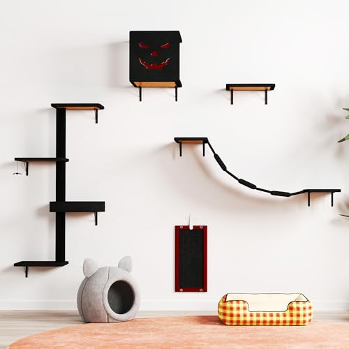 furpal Katzen Kletterwand Set 5-teilig – Wandmontierte Katzenwand für Wohnungskatzen, mit Katzenhaus, Katzenbrücke, Kratzsäule & Kratzbrett, Platzsparend (Schwarz-Rot)