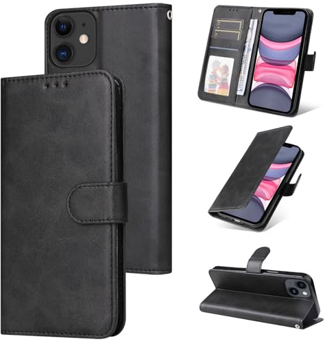 E-Lush Coque pour iPhone 11 Cuir PU, Portefeuille Etui pour iPhone 11 Coque Magnétique Flip Case avec Fonction Support Fente Carte Housse 360 Degrés Antichoc Protection, Noir