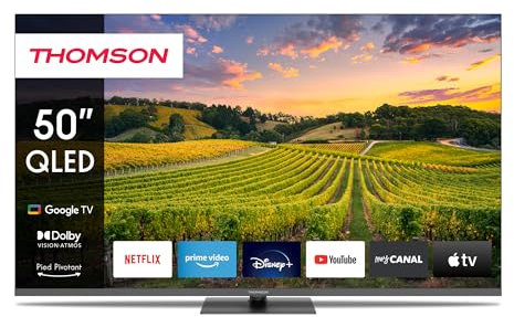 THOMSON 50 Pouces (126cm) QLED Zentraler Standfuß Google Smart TV, Wi-FI,Dolby Audio, HDR10, Bluetooth 5.1, Triple-Tuner (Câble/Satellite/Antenne), HDMI, CI+, A+ Panneau - 50QG5C14