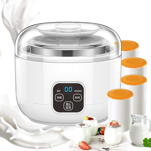 Yogurtera Totalmente Automática, Máquina De Yogur De 1 Litro con 4 Tazas, Pantalla Táctil LCD, Temporizador Y Colador, Revestimiento De Acero Inoxidable, Control De Temperatura Constante